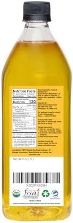 Daana Sunflower Oil: Certified USDA Organic, Extra Virgin, Cold Pressed, High Oleic, Non-GMO. Healthy Oil for Cooking, Baking, Frying, Hair and Skin Care. Pesticide and Chemical Free (34 Fl oz) (Pack of 1)