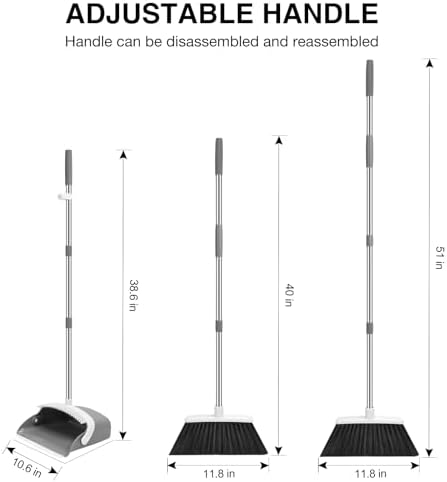 NACENA Broom and Dustpan Set, 52-in Long Adjustable Handle Broom Dustpan Combo with Dustpan Teeth to Automatically Clean Hair Suitable for Home Kitchen Office Hall Floor(Grey&White)
