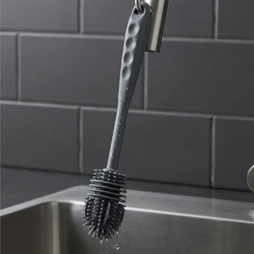 Extra Long Handle Bottle Cleaning Brush, Flexible Soft Bristle Brush for Narrow Neck Flasks, Tumblers and Glassware (Gray)