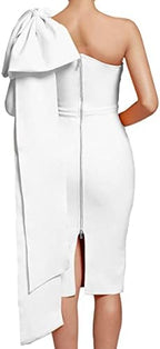 UONBOX Women's One Shoulder Bowknot Long Sleeve Bodycon Knee Length Club Party Bandage Dress