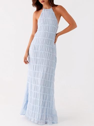 Women Y2k Backless Long Dress Halter Tie Neck Maxi Dress Flowy Beach Sundress Summer Streetwear