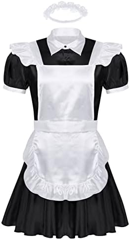 Alvivi Men's Short Sleeve Satin French Maid Uniform Crossdressing Sissy Lingerie Fancy Dress Outfits