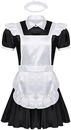 Alvivi Men's Short Sleeve Satin French Maid Uniform Crossdressing Sissy Lingerie Fancy Dress Outfits