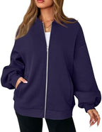 Oversized Zip Up Sweatshirt Women Fleece Zip Up Bomber Jacket Casual Athletic Workout Y2k Sweat Jackets with Pockets