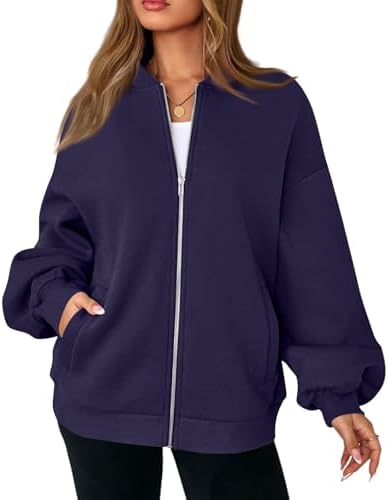 Oversized Zip Up Sweatshirt Women Fleece Zip Up Bomber Jacket Casual Athletic Workout Y2k Sweat Jackets with Pockets