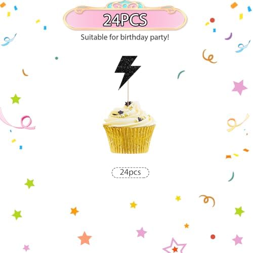 24pcs Lightning Cupcake Toppers, Lightning Bolt Cupcake Toppers, Black Glitter Weather Cake Decoration for Baby Shower, Lightning Weather Themed Birthday Party Supplies