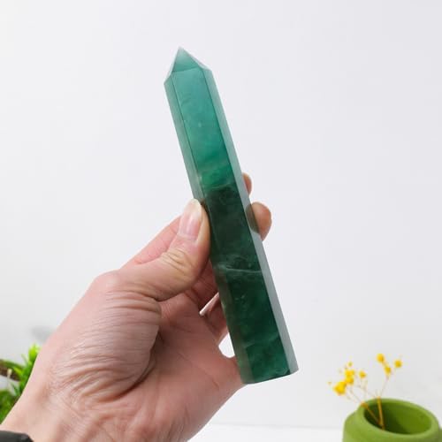Apengshi 1PCS Natural Crystal Green Fluorite Tower 5.9"-6.3" (15-16cm) 6 Faceted Single Point Prism Healing Crystal Wand for Meditation Reiki Chakra Therapy