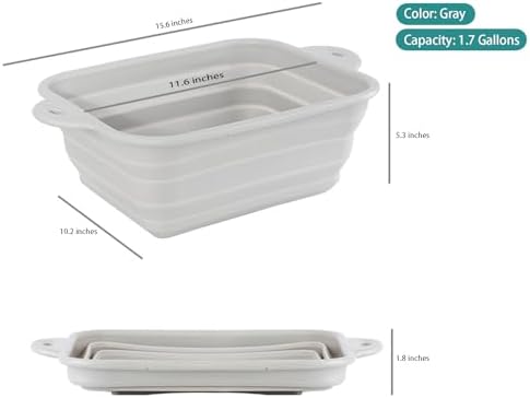 Collapsible Silicone basin, for Household Cleaning or Washing,Suitable for outdoor camping and Travel,1.7 Gallons (6.4 Liters), Space-saving Design, Square (Gray)