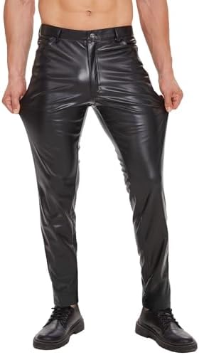 Mens Shiny Leather Pants, Soft Matte, Sexy Zipper Open Crotch, Male Casual Trousers Black