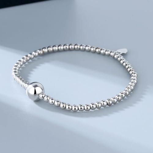 925 Sterling Silver Handmade Strand Chain Bracelet 4mm Bead Ball Stretch Bracelets for Women Silver Jewelry Gift