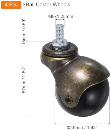 uxcell 2 Inch Ball Caster Wheels, 4pcs Threaded Stem Caster 360 Degree Rotatable Caster Wheels for Furniture, Bronze Tone