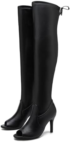 Heiyom Women's Peep Toe Thigh High Boots Over The Knee Boot Sexy Stiletto Heel Lace Up Open Toe Pull on Long Boots
