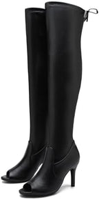 Heiyom Women's Peep Toe Thigh High Boots Over The Knee Boot Sexy Stiletto Heel Lace Up Open Toe Pull on Long Boots