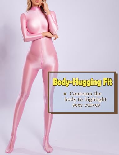 Women's Oil Shiny Glossy Sexy Full Bodysuits Long Sleeve One Piece Catsuit Satin Smooth Zipper Crotch Jumpsuit