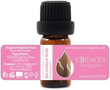 Essences Bulgaria Organic Rose Essential Oil 1/6 Fl Oz | 5ml | Rosa Damascena | 100% Pure and Natural | Undiluted | Therapeutic Grade | Family Owned Farm | Steam-Distilled | Non-GMO | Vegan