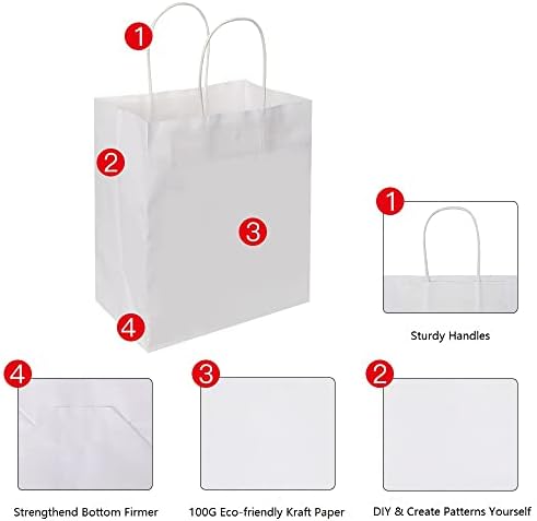 Oikss 100 Pack 8x4.75x10 Inch Medium White Kraft Paper Bags with Handles Bulk for Birthday Wedding Party Favors Grocery Retail Shopping Business Takeout Goody Craft Gift Bags Sacks, (100pcs Count)