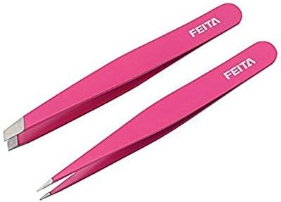 Precision Tweezers for Eyebrows - FEITA Professional Stainless Steel Slant & Pointed Eyebrow Tweezer Set with Travel Case for Woman Facial Hair Removal Clip (Pink - 2 Pcs)