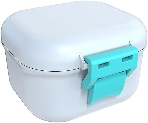 ARGOMAX Leak Proof Denture Bath Cup, Portable Soaking Denture Box, Denture Bath Case with Strainer, for Dentures and Braces (White + Cyan).
