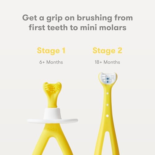 Frida Baby Grow-with-Me Training Toothbrush Set, Infant Baby Tooth brush & Toddler Toothbrush 6-18 Months, Soft Silicone Bristles, BPA-Free Oral Care for Sensitive Gums, Yellow