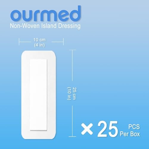 Ourmed Island Dressing Bordered Gauze 4"x 10"(2"x 8" Absorbent Pad), Pack of 25, Self-Adhesive Sterile Dressing with Highly Absorbent, Latex& Rubber- Free, for Cuts and Scratches