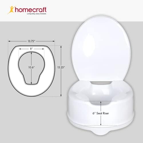Homecraft Savanah Raised Toilet Seat with Lid, 6" Elevated Seat for Seniors, Universal Fit for Most Standard Toilets, Portable & Tool-Free, Seat Riser, Ergonomic Design, White