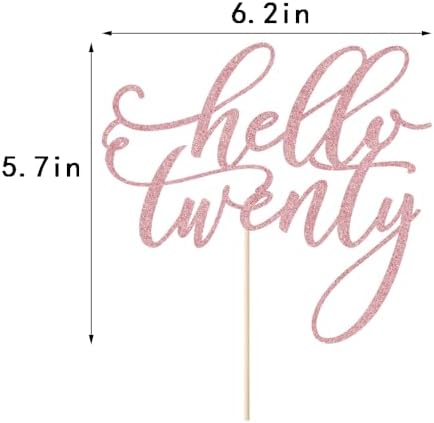 Hello Twenty Cake Topper, Happy 20th Birthday Cake Decorations, Handwriting Script 20th Anniversary Party, Rose Gold Glitter