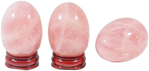 Fekuar Stone Egg Figurine, Polished Healing Crystal Easter Eggs Sphere Sculpture with Wood Stand, Natural Rose Quartz, 1.8"