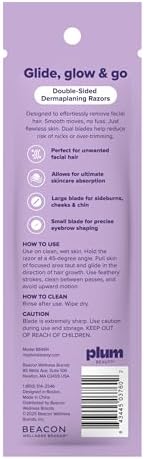 Plum Beauty Double-Sided Dermaplaning Razors (4-Pack) – Dual-Blade Facial Razors for Women - Precision & Large Blades for Brows, Upper Lip, & Cheeks - Peach Fuzz Remover & Exfoliating Face Tool