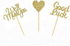 Morndew 24 PCS Gold Glitter We Will Miss You Good Luck Heart Cupcake Toppers for Office Work Party Going Away Party Farewell Retirement Anniversary Celebration Party Decorations