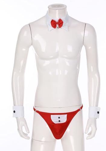dPois Mens Sexy Waiter Cosplay Costume Teddy Lingerie Set Tuxedo Briefs Bowtie Collar and Cuff Outfits