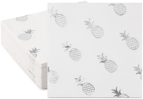 80 Pack of White Paper Cocktail Napkins with Silver Foil Pineapple Pattern,Party Supplies(5 x 5 in，3-ply) (Silver Pineapple)