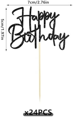 24 PCS Mini Black Glitter Happy Birthday Cupcake Toppers Suitable for Birthday Celebration Parties and Gatherings Decoration
