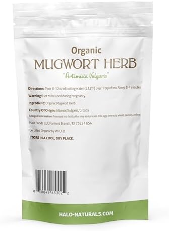 Halo Naturals Organic Mugwort Herb Cut & Sifted, 4 Ounces (Artemisia vulgaris) USDA Certified | Resealable Pouch| Packaged in The USA (Pack of 1)