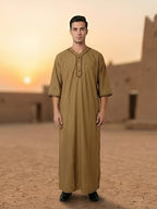 Mens Kaftan Thobe V-Neck Half Sleeve Muslim Robe Dubai Long Gown Saudi Arab Thobe Robes for Summer Beach
