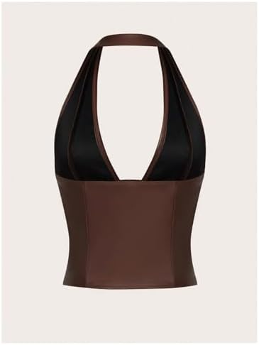 WDIRARA Women's Pu Leather Sleeveless Halter Tops Lace Up Backless Crop Corset Top Sexy Clubwear
