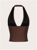 WDIRARA Women's Pu Leather Sleeveless Halter Tops Lace Up Backless Crop Corset Top Sexy Clubwear