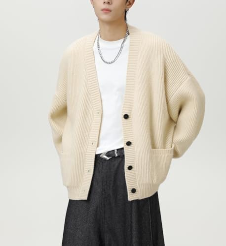 POHADON Mens Cardigan Sweater Button Down Long Sleeve V Neck Cable Knit Sweaters Japanese Streetwear Grunge Clothes