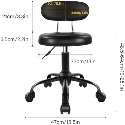 WKWKER Rolling Stool with Wheels Swivel Stool with Back Height Adjustable Chair PU Leather Rolling Chair Ideal for SPA Salon Home Office Drafting Work (Black)