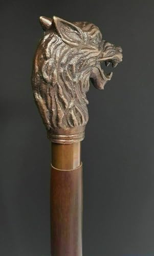 Waziha Noutical Handmade Walking Stick Wolf Head Copper Antique Metal Handle Wooden Vintage Cane, Brown, 36 inch