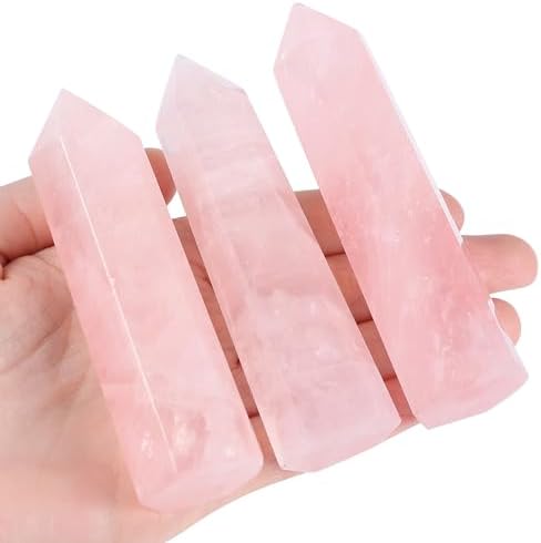 ZHIYUXI 3.7-4" Rose Quartz Crystals Pink Crystals Wand Cuarzo Rosa Crystal Rose Hexagonal Pointed Healing Crystals Tower Stone 1 Pc Reiki Energy Balancing Meditation Therapy Gemstones Decoration Gifts