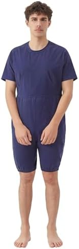 Adaptive Clothing for Men, Anti-Strip Back-Zip Jumpsuit Cotton Romper- Elderly Easy Care Onesie for Special Needs