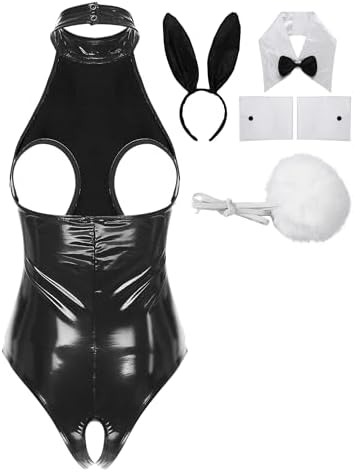 Women's Sexy Bunny Girl Cosplay Costume Wetlook Cutout Bodysuit Naughty Rabbit Lingerie Set