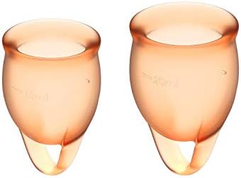 Satisfyer Feel Confident Menstrual Cup - Reusable Period Cup with Removal Ring - Soft, Flexible Body-Safe Silicone, Easy Insertion & Removal - Includes 2 Cup Sizes for All Flows (Orange)
