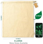 Premium Cotton Reusable Produce Bags, X-Large, 12x14 Inch (10 Pack) – Muslin Canvas Bags with Drawstrings – Multi-Purpose – Best for Bread, Fruits, Vegetables, Potatoes, Onions, Toys, DIY