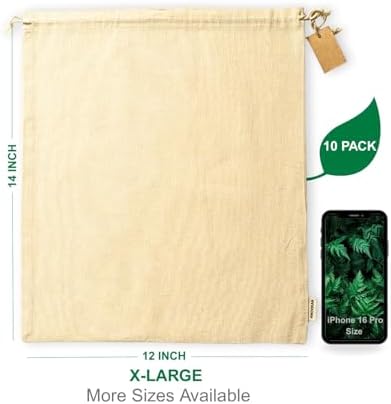 Premium Cotton Reusable Produce Bags, X-Large, 12x14 Inch (10 Pack) – Muslin Canvas Bags with Drawstrings – Multi-Purpose – Best for Bread, Fruits, Vegetables, Potatoes, Onions, Toys, DIY
