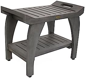 CoastalVogue Tranquility 24 Inch Gray Waterproof Teak Wood Shower Bench Stool Seat Chair for Inside Shower Provides Safety, Storage, and Organization for Bathroom Accessories