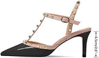 XINIUNIU Studded Heels for Women Kitten Heels with Studs Stiletto Sandals with Rivet Ankle Strap Patent Leather Pointy Toe 2.5 Inch Party Daily Wear Evening Sandals
