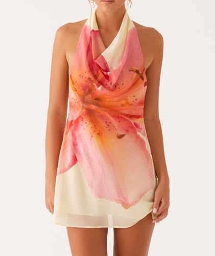 Women Halter Low Neck Mini Dress Sexy Cutout Sleeveless Boho Short Dresses Open Back Night Party Going Out Sundress