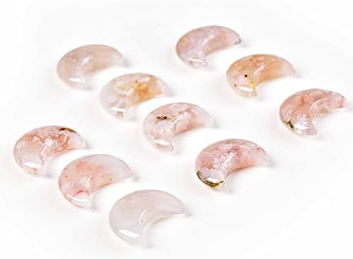 JIC Gem 10PC Crescent Moon Shaped Sakura Agate Quartz Crystal Set Flower Agate Pocket Stone,Bulk Carved Crystals Set Jewelry Making Home Decor Gifts
