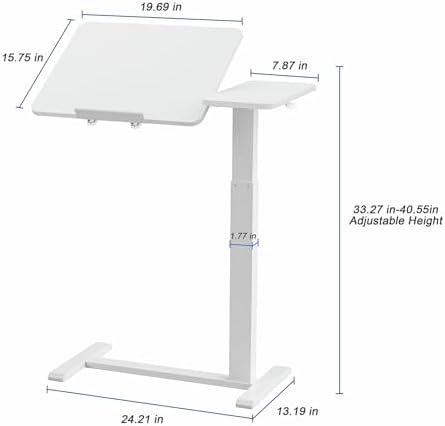 Ywin Medical Adjustable Tilt Overbed Bedside Table with Wheels, Swivel Portable Tray Table (27.6" W x 15.8" D), Small Standing Desk for Bedroom, Hospital, Couch, Office Use, White